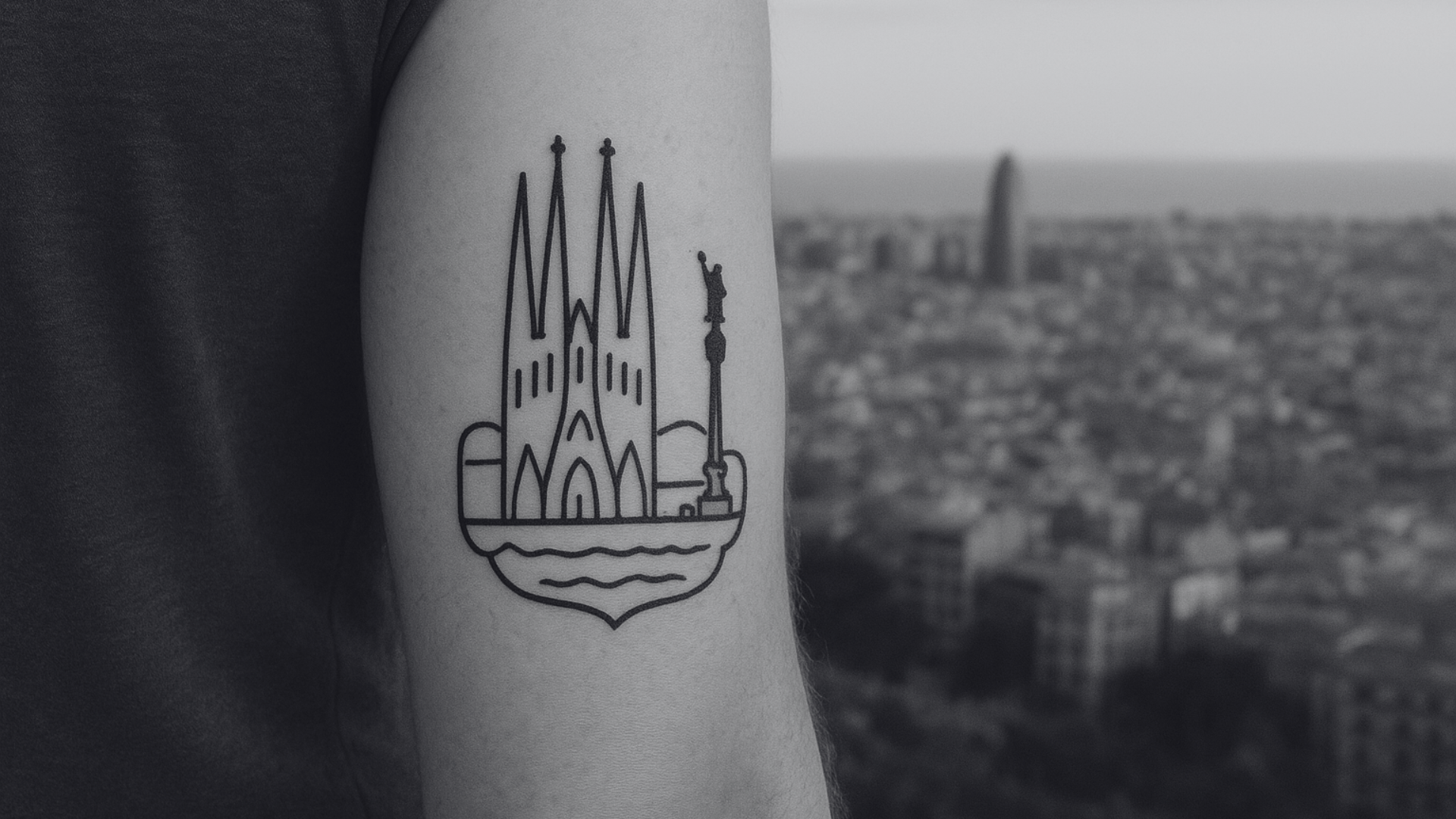 Ttauaje en el antebrazo inspirado en Barcelona, con la ciudad de fondo